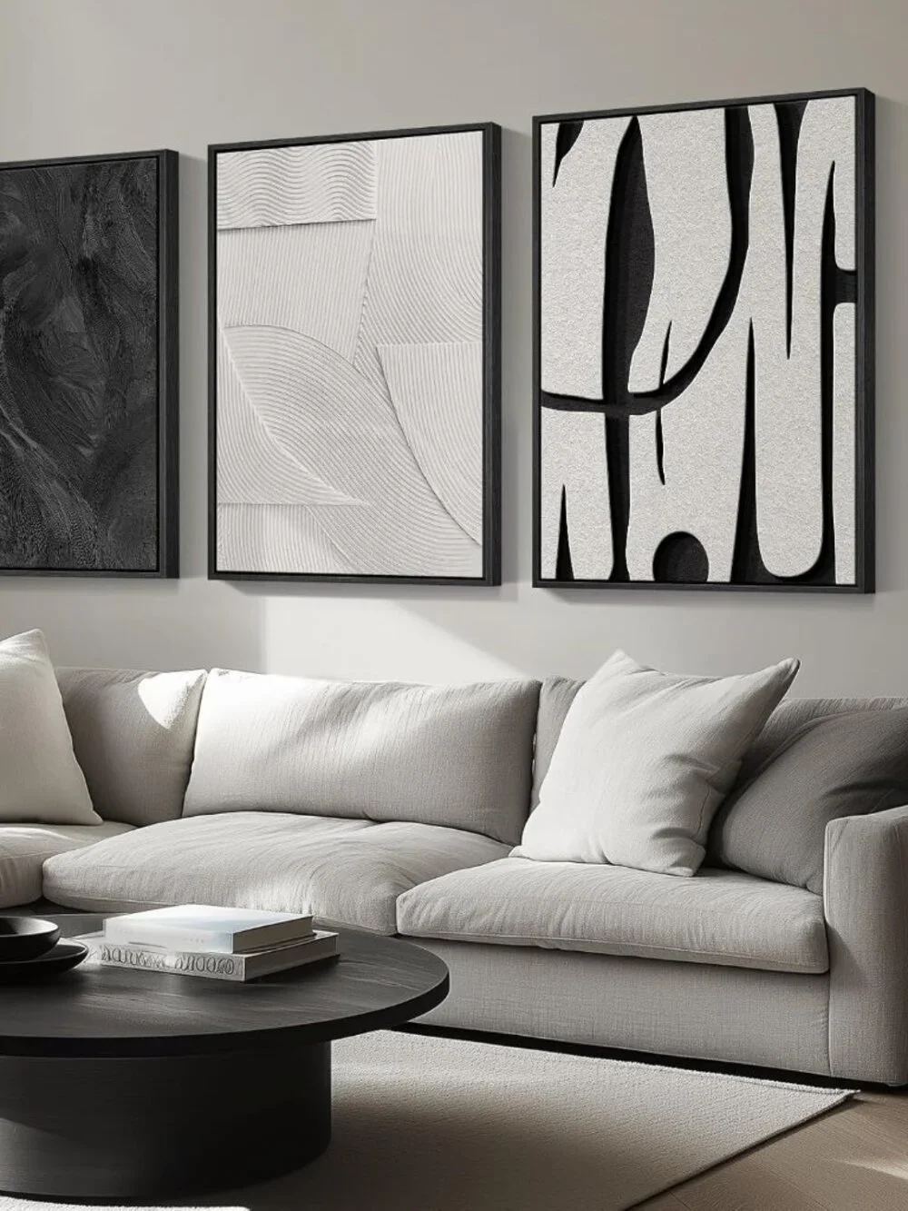 3 Piece Large Framed Black and White Abstract Wall Art - Picture 1 of 4